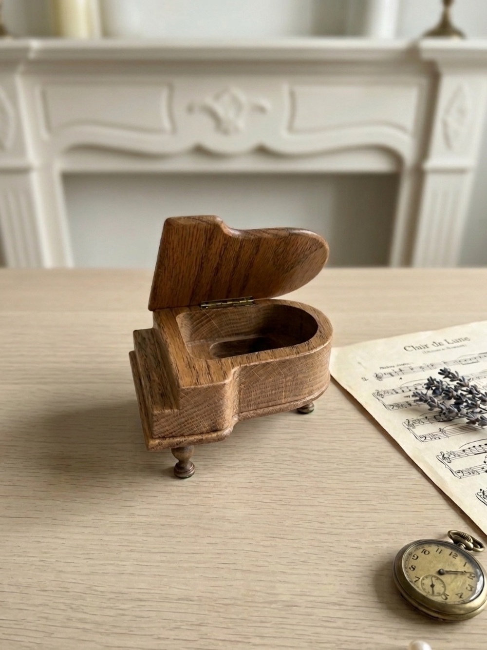 Hand Crafted Wooden Piano-Shaped Trinket Box in Natural Oak, Music Box, 3” Tall